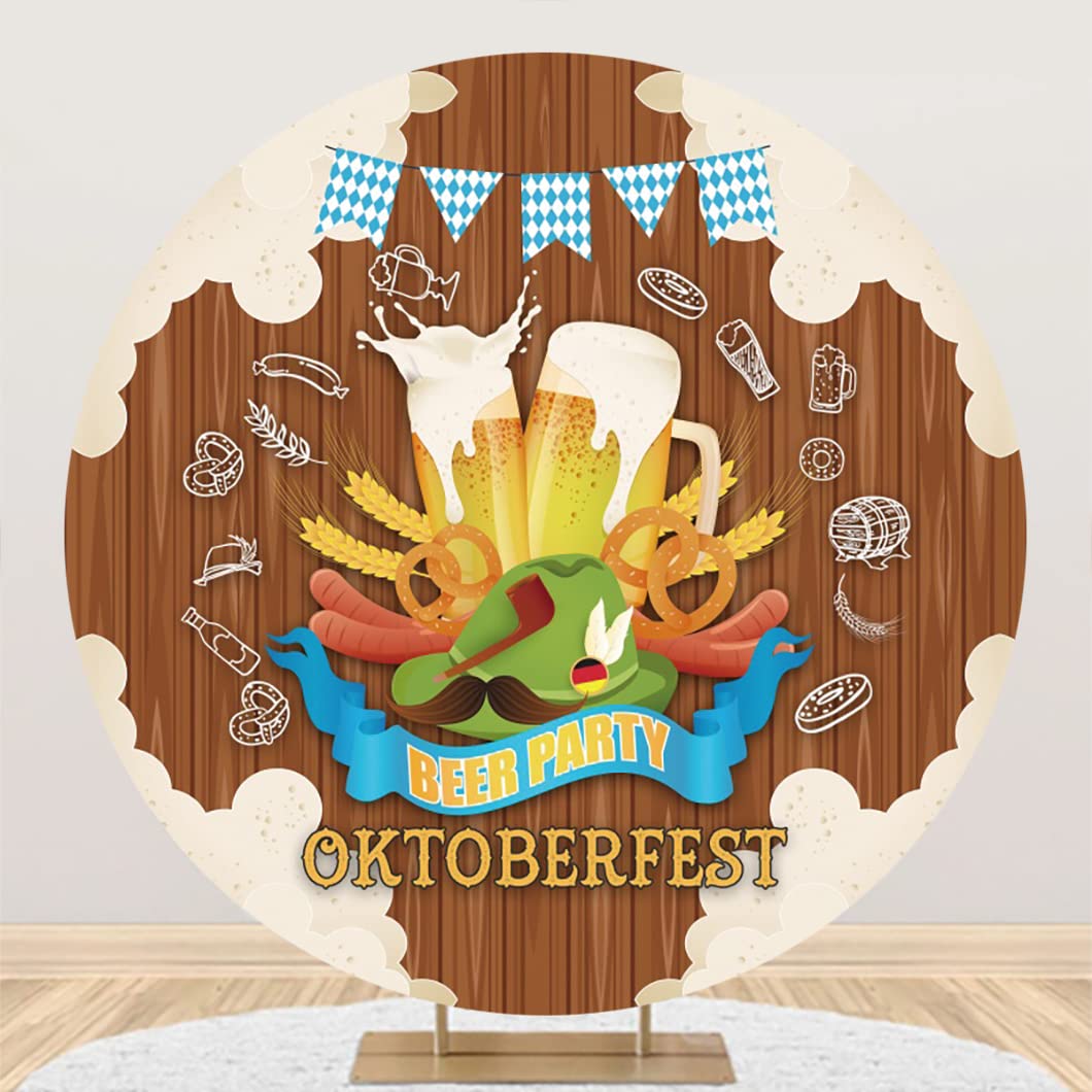 SDOTPMT Diameter 7ft Beer Party Round Backdrop Cover Vintage Wooden Plank Beer Foam Wheat German Bread Various Snack Bavarian Flag Photography Background for Oktoberfest Themed Party Decorations