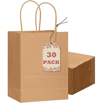 Gcardist Pack of 30 Brown Gift Bags with Handles Bulk 8.3 x 6 x 3.15 Inches Small Size Kraft Paper Bags Multiple Uses 15 x 8 x 21 Small Size