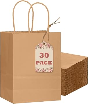 Gcardist 30-Packs Brown Gift Bags with Handles 8.3"x3"x 6"inch Small Size Kraft Present Paper Bags 15x8x21cm