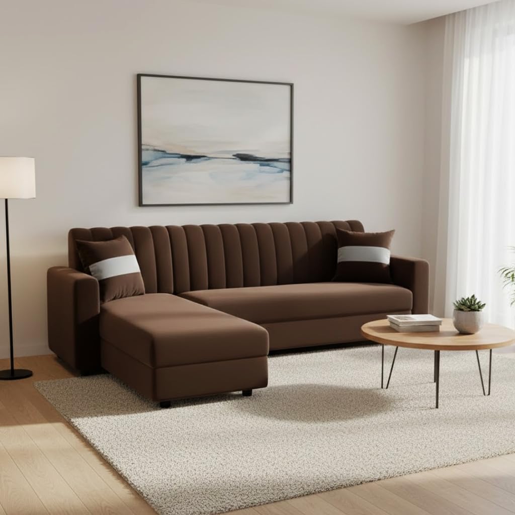 FURNY Averona 4 Seater Fabric LHS L Shape Sofa Set (Dark Brown) Premium Velvet Finish Durable & Comfortable Ideal for Living Room