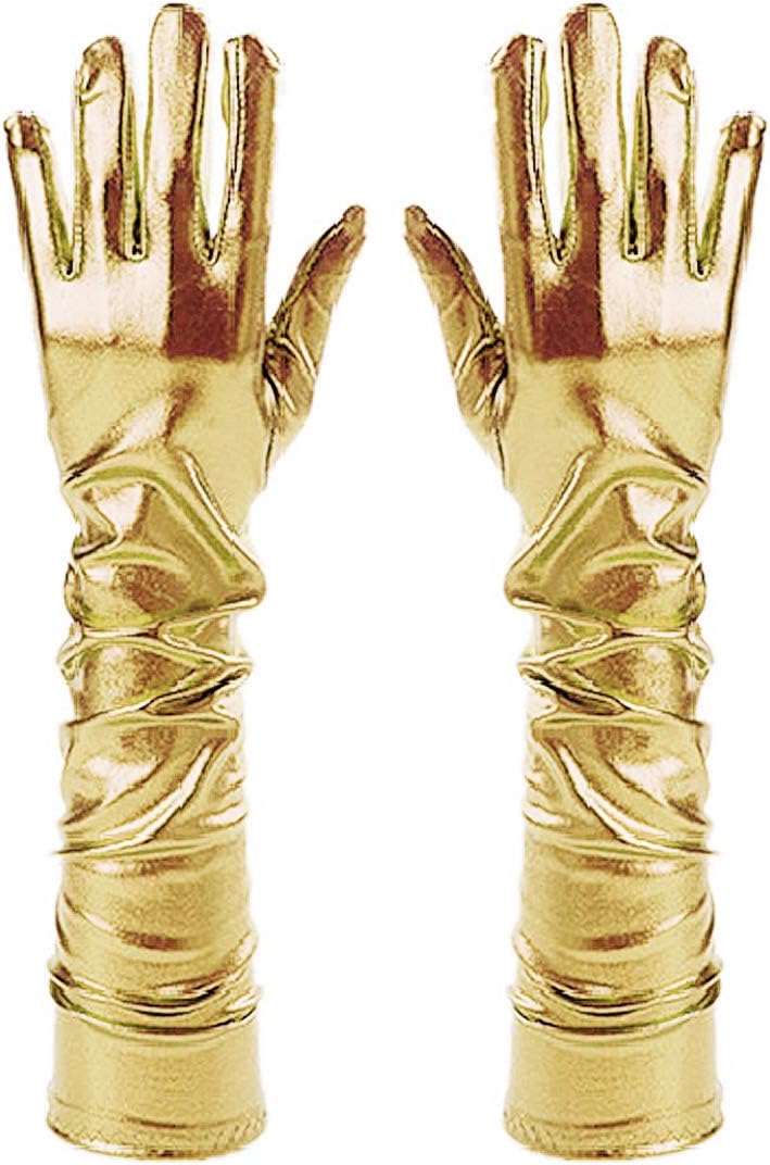 Van Caro Women Shiny Metallic Elbow Length Gloves Elastic Stain Opera Gloves