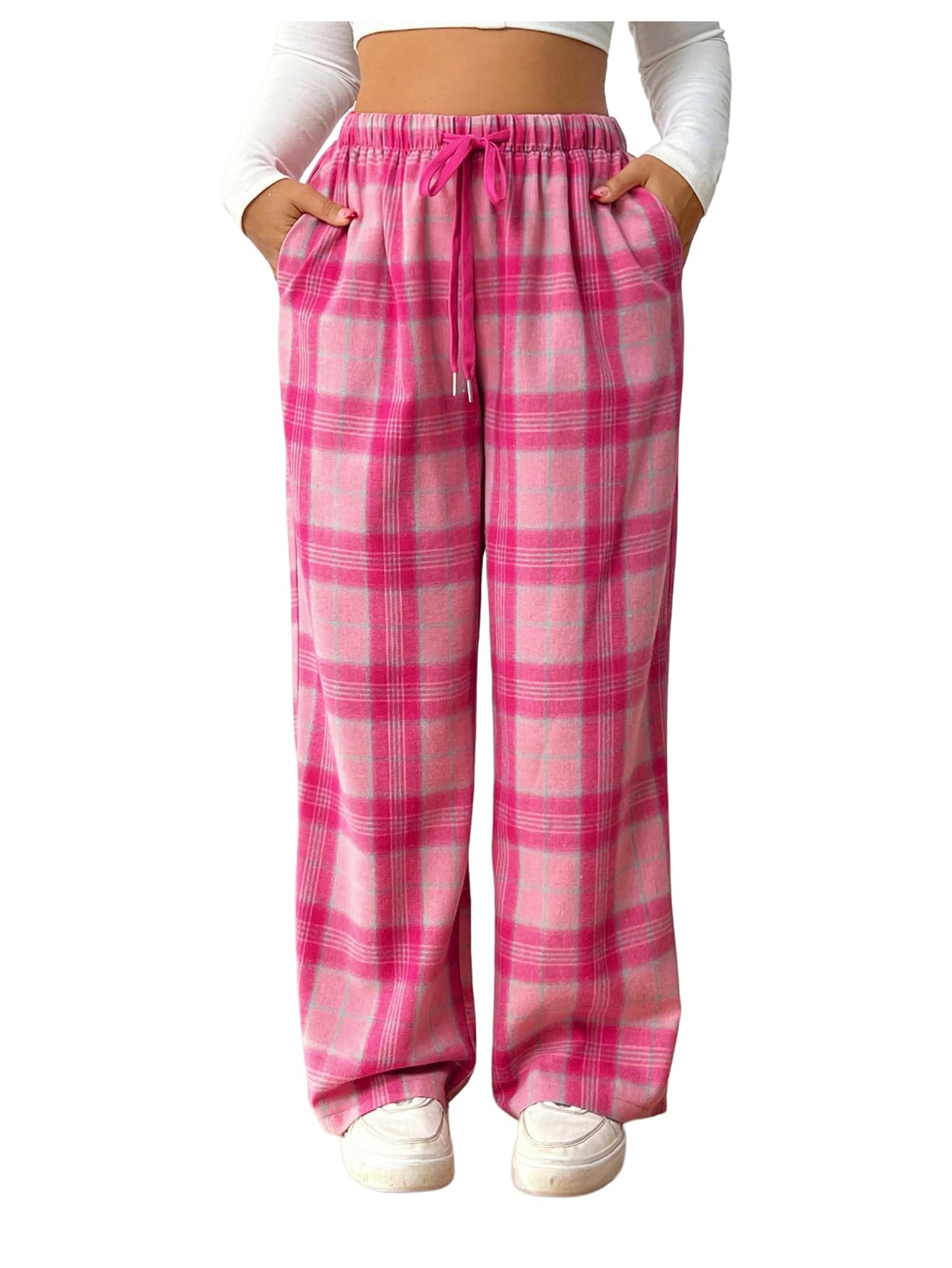 SHENHE Womens Plus Size Straight Leg Plaid Pants High Waisted Drawstring Loose Pants Trousers