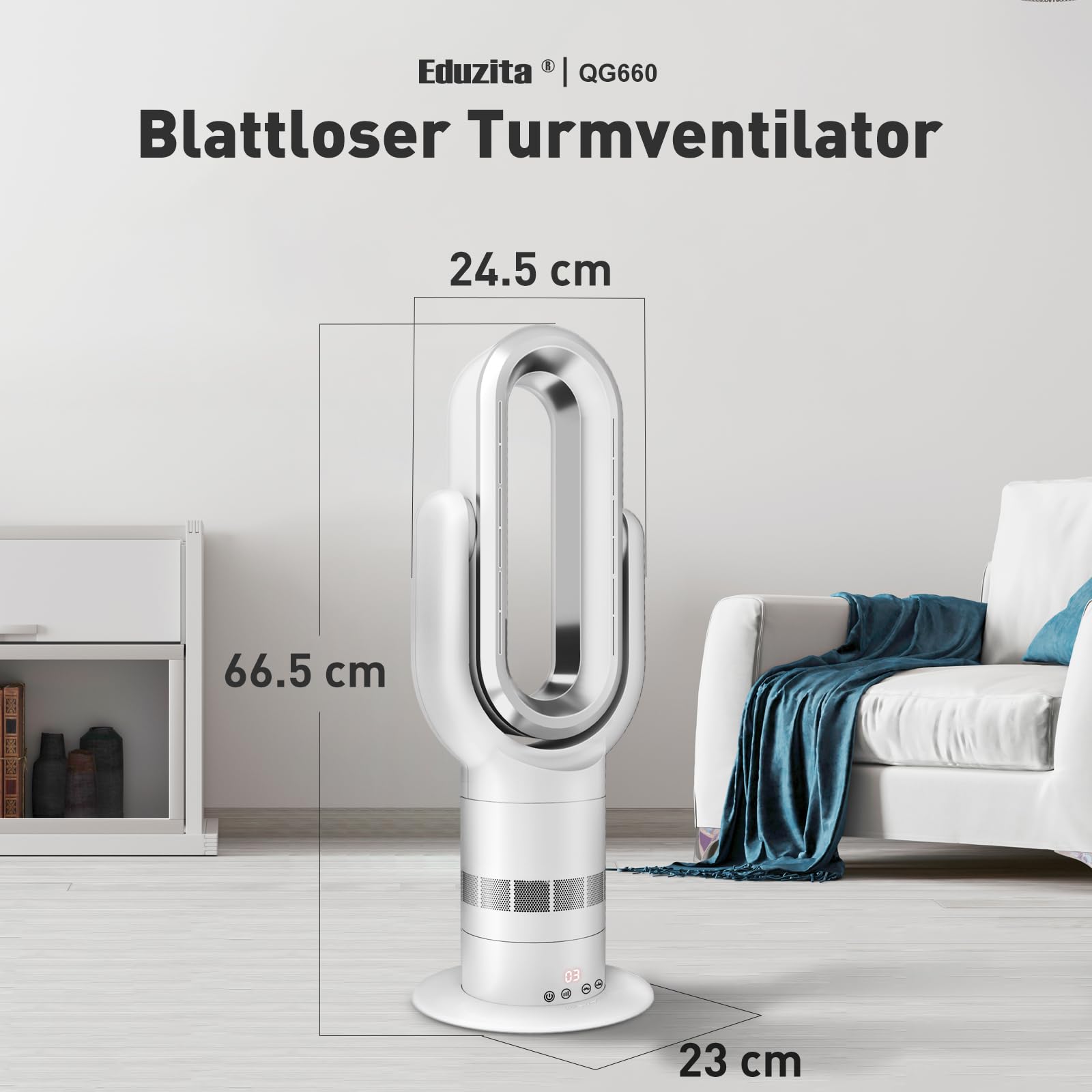 QG660 Bladeless Turmventilator, 2-in-1 Heizgerät & Kühlventilator, 10 Kühl- & 3 Heizstufen, Fernbedienung & Touch-Steuerung, Ultra-Leiser & Energiesparender DC-Motor