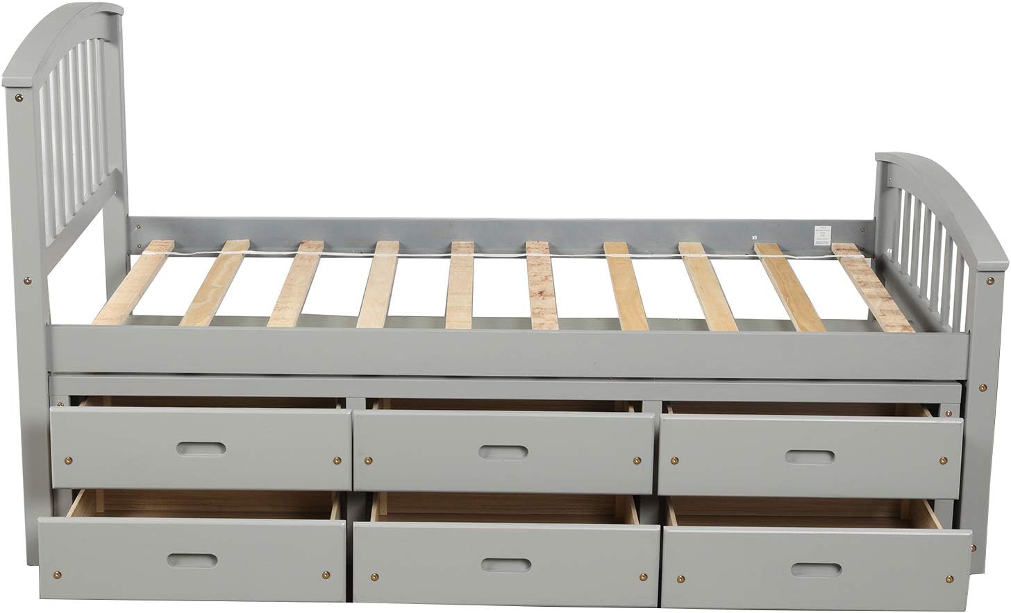 SOFTSEA Twin Captains Bed Frame with 6 Storage Drawers, Wood Platform Bed Frame with Headboard and Footboard for Bedroom, Twin Captain Bed with Storage for Kids Teens, Gray