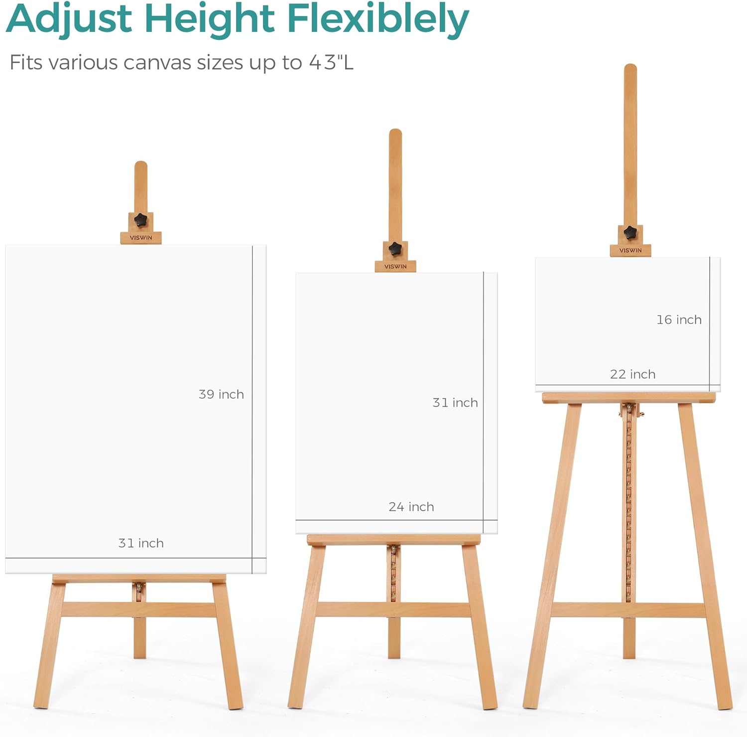 VISWIN Wooden Art Easel for Painting, Adjustable & Foldable Beech Wood Display Easel Stand for Canvas, Hold Canvas up to 43", 57''-76" H Floor Art Easel for Adults, Artists, Beginners - Natural