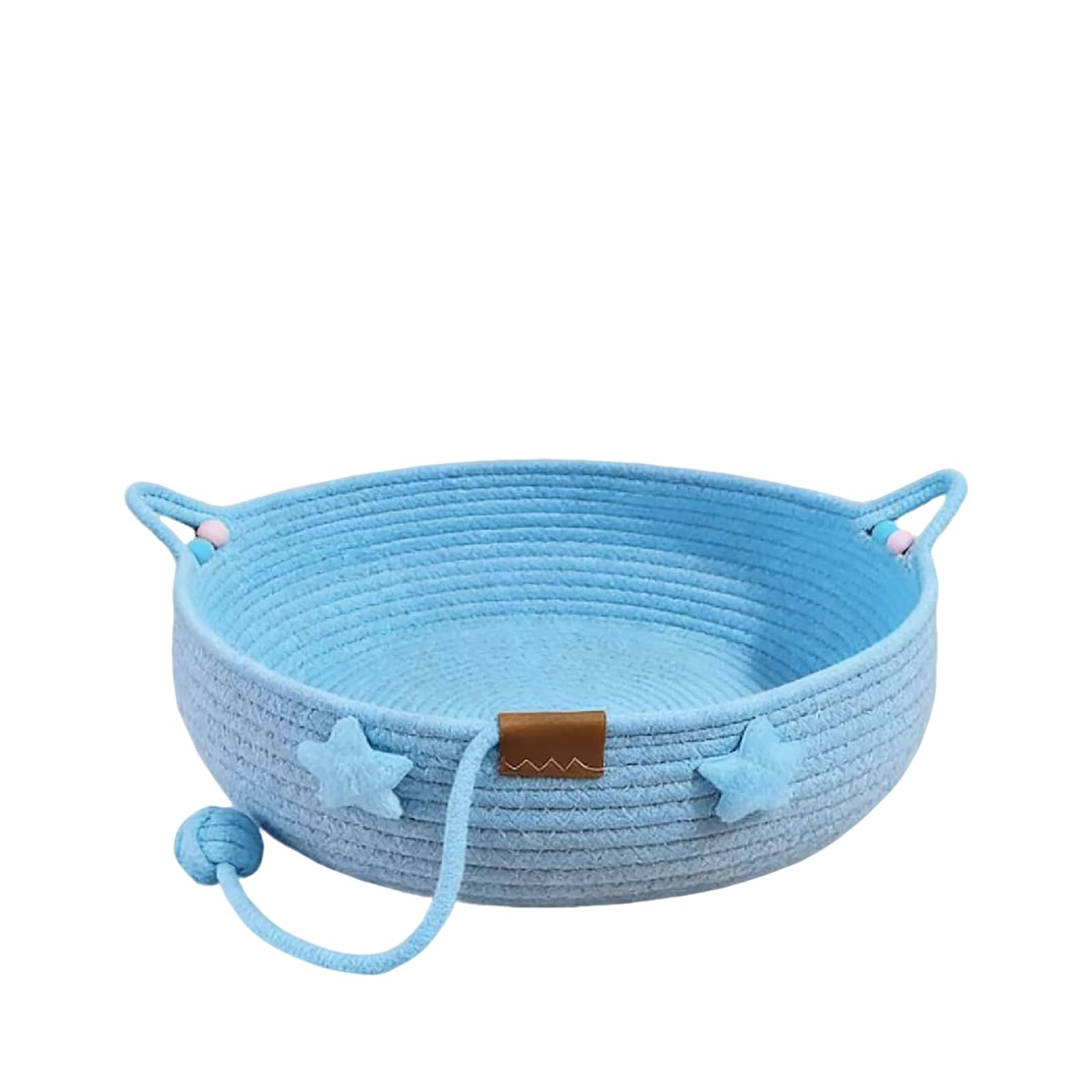 BIAOO Cotton-woven cat bed basket with a play ball; a year-round woven rope bed that protects your living room furniture, 45 cm diameter x 15 cm height (blue)