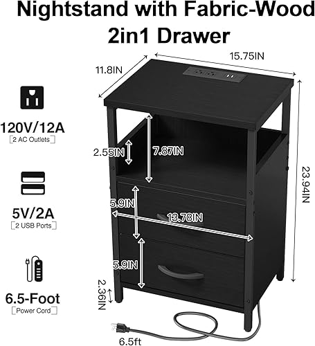 Miniatura 3 de Mesita de noche con estación de carga, mesa auxiliar de tela y madera 2 en 1, lado para espacios pequeños, mesitas de noche grises, puertos USB y