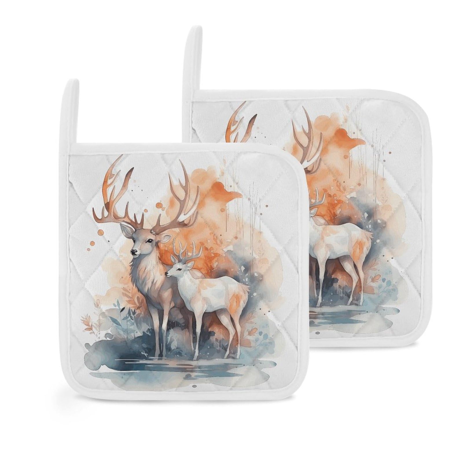 Btcowzrv Style Hand Drawn Deer 2 Pack Pot Holders For Kitchen, Heat Resistant Potholder Set With Hanging Loops, Hot Pads For Oven Baking Cooking