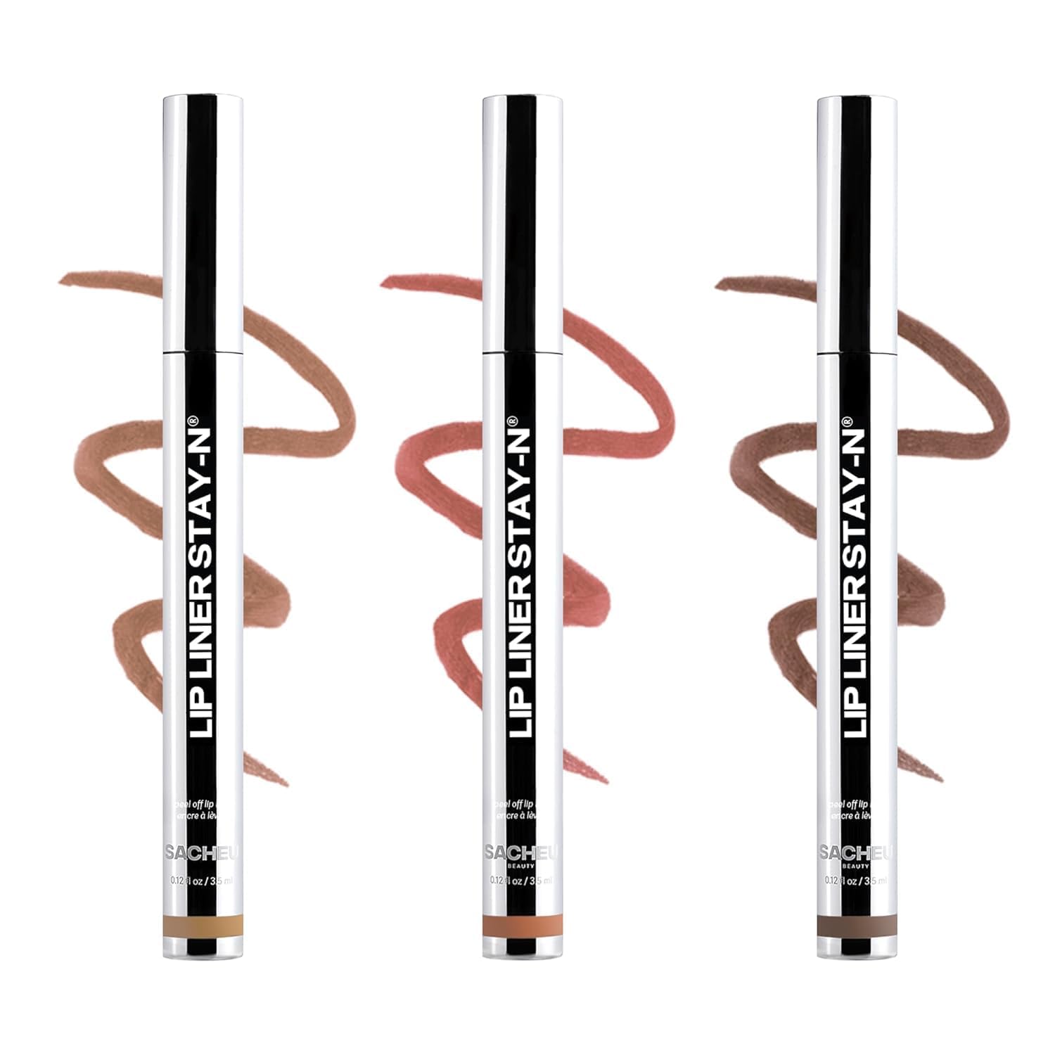 Sacheu Lip Liner STAY-N Peel Off Lip Stain Set, Set Core, Pack de 3 | Tonos p-INKED (rosa), HEY-zel (marrón) & MUAH-VE (malva), resistente al agua, antimanchas, mate