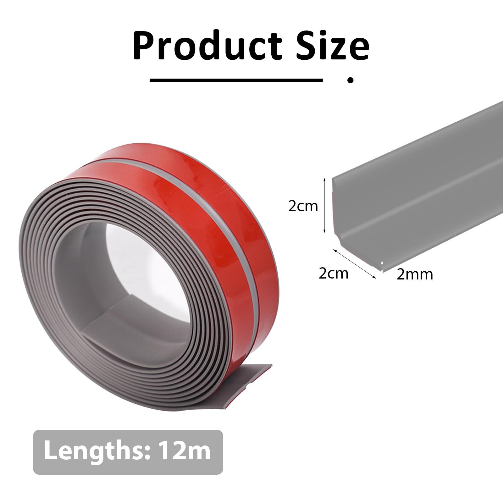 Listones de pared autoadhesivos, 2 cm x 2 cm x 12 m, listón de esquina autoadhesivo, PVC flexible de zócalo suave gris, protección de bordes autoadhesiva, listón de ángulo flexible autoadhesivo para