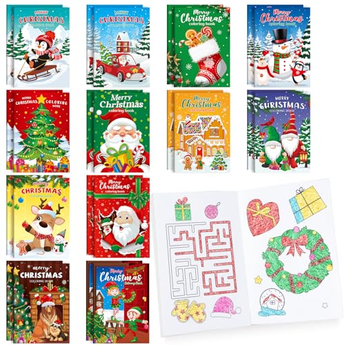 BenLouis 24 Pcs Christmas Mini Coloring Books Kids Xmas Party Favors Small Activity Books Bulk for Kids Holiday Stocking Goodie Bags Stuffers Return Gifts Classroom Travel