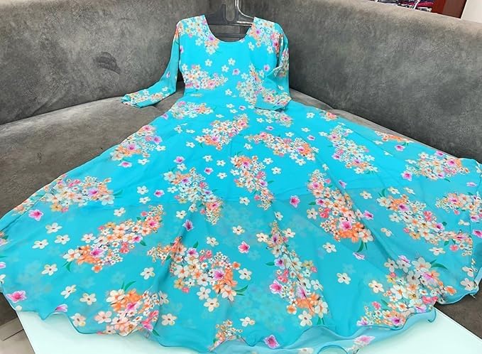 Image of DIGAMBARA Digital Floral Printed Georgette Anarkali Gown for Women, Ethnic Wear, Printed Maxi Length Gown, Round Neck Half Sleeve, Perfect for Festival, Party and Wedding, Sky Blue
