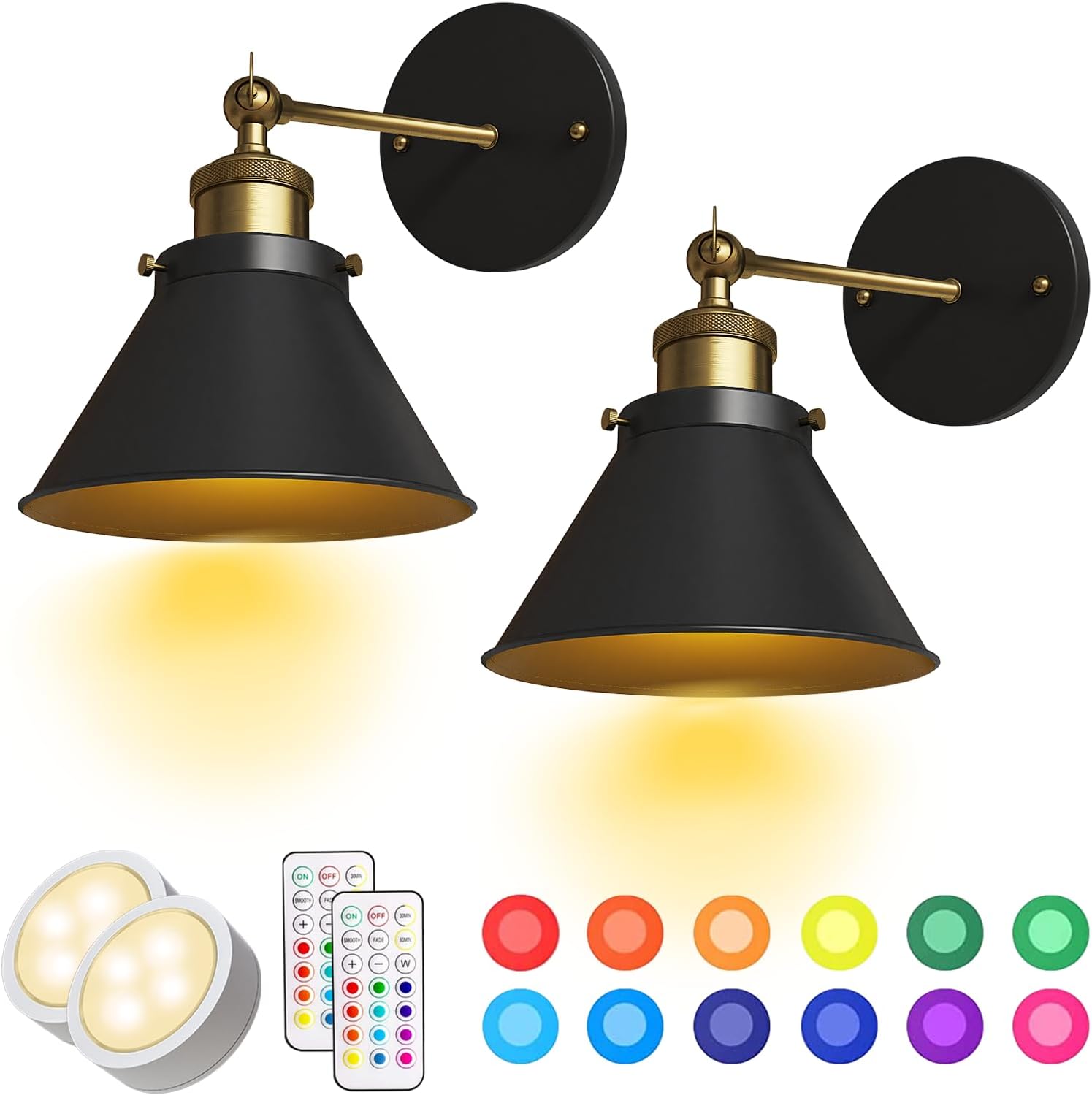 LUMIMAN Black Battery Operated Wall Sconce, Industrial Wireless Wall