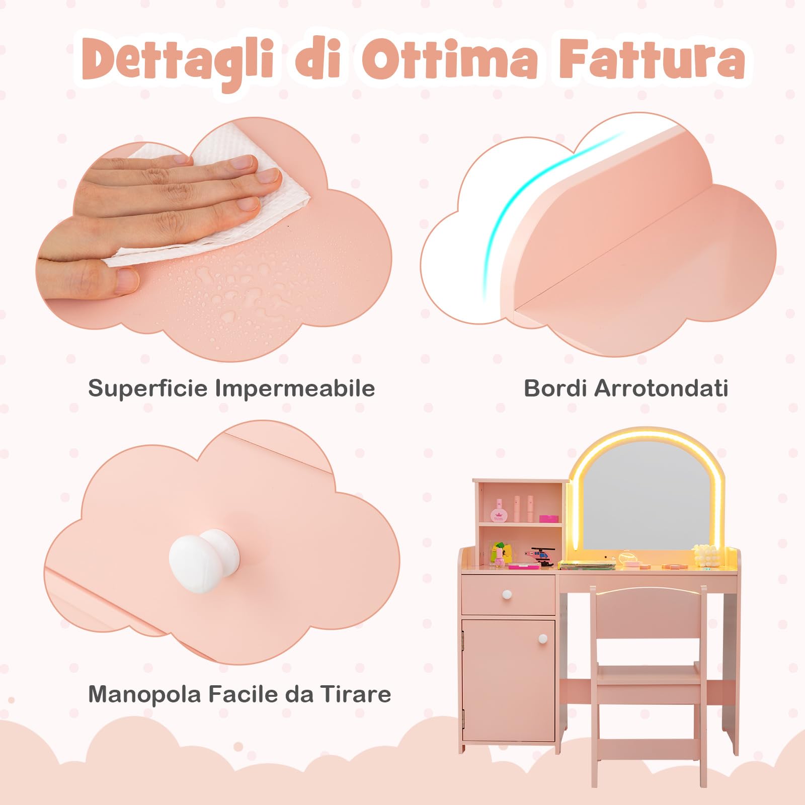 COSTWAY Toeletta Trucco 2 in 1 per Bambina, Specchiera per Ragazza in Legno con Mensole, Cassetto, Ripiani e Luci LED Regolabile, Postazione Trucco per 3 Anni, 80 x 40 x 94 cm (Rosa Chiaro)