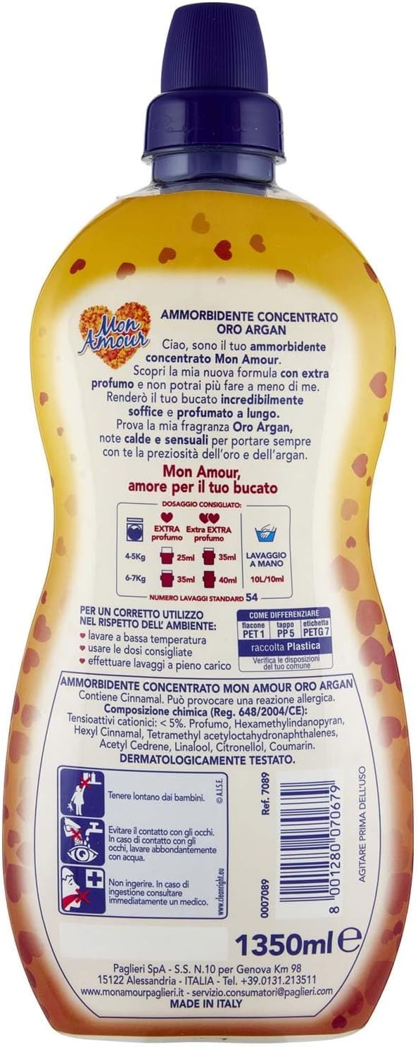 Felce Azzurra Mon Amour Amour Ammorbidente Concentrato Gold y Argán - Suavizante concentrado - Suavizante concentrado - Ropa suave 54 lavados 1350 ml + llavero Beni Culinari gratuito