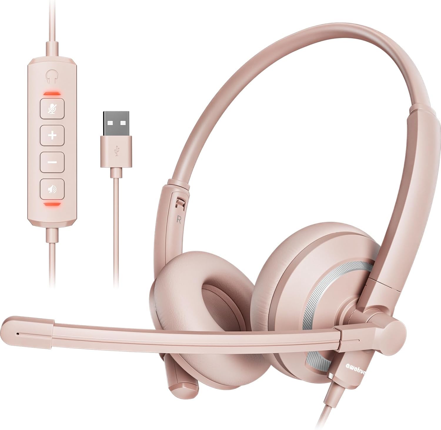 awatrue Auriculares USB con micrófono para PC, ligeros y cómodos, color rosa, para oficina, centro de llamadas, trabajo remoto, incluye bolsa de transporte (audio claro)