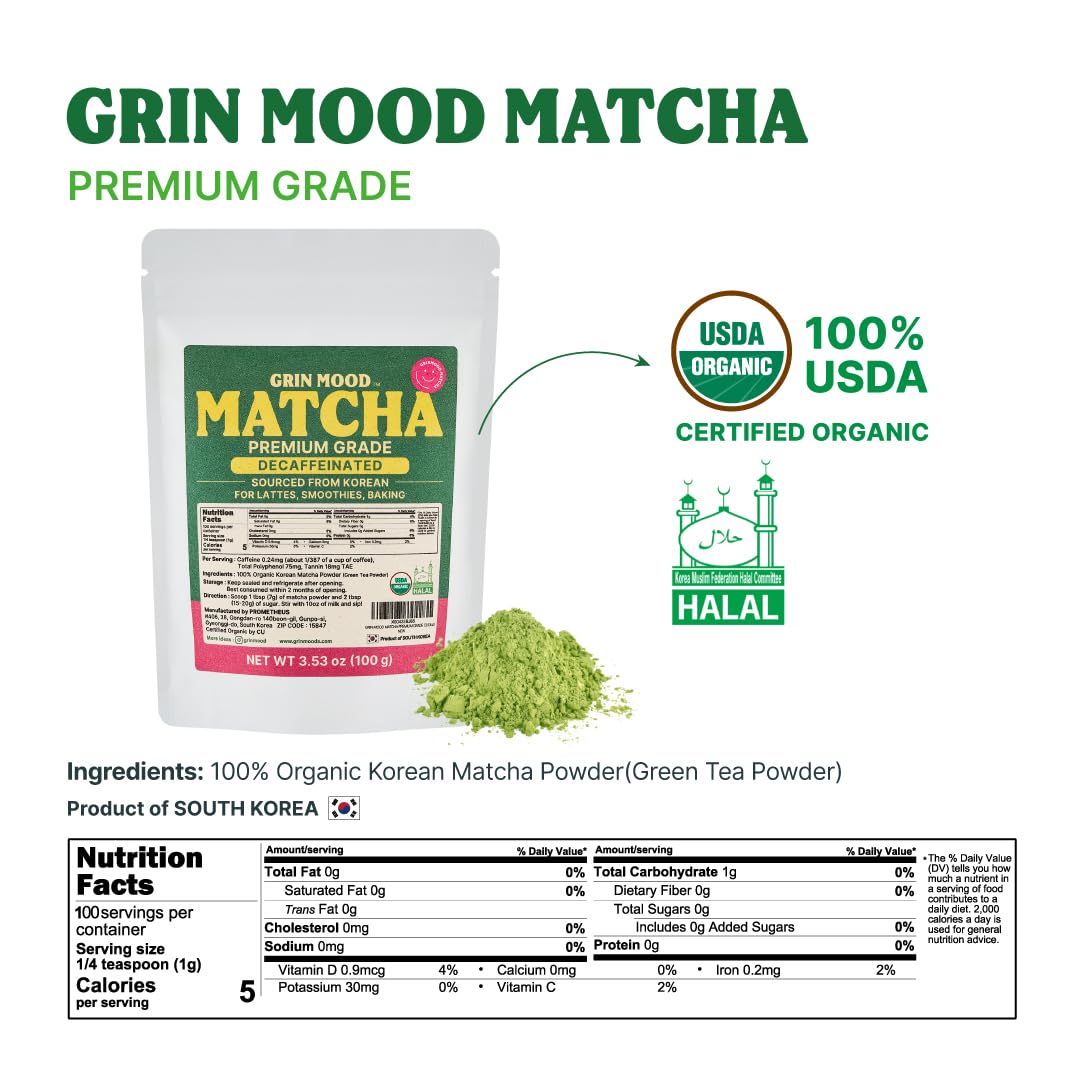 GRIN MOOD Matcha Powder - Organic Green Tea Powder - Decaffeinated Green Tea Authentic Korean Matcha Halal 3 — view 3
