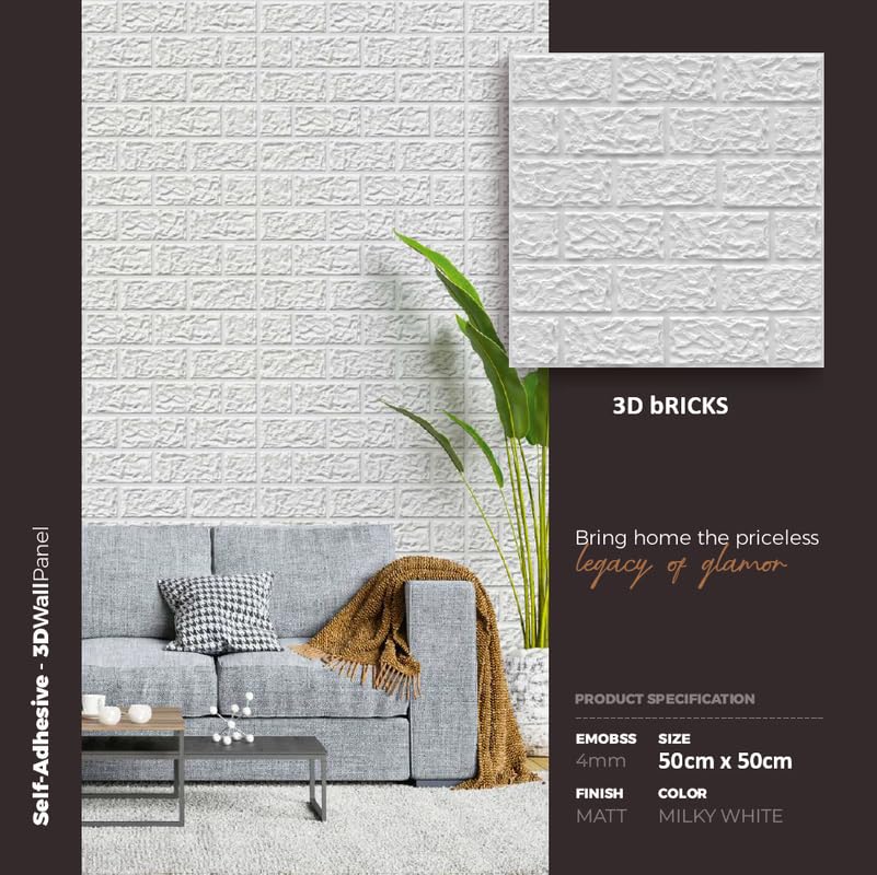 Image of 3D Wall Panels I Peel and Stick I Self Adhesive I Embossed and Paintable I 3D Tiles I 3D Bricks I Size 19.7 inch X 19.7 inch I Pack of 1 I Total Wall Covering Area 2.68 Sq.Ft. (PVC, White)