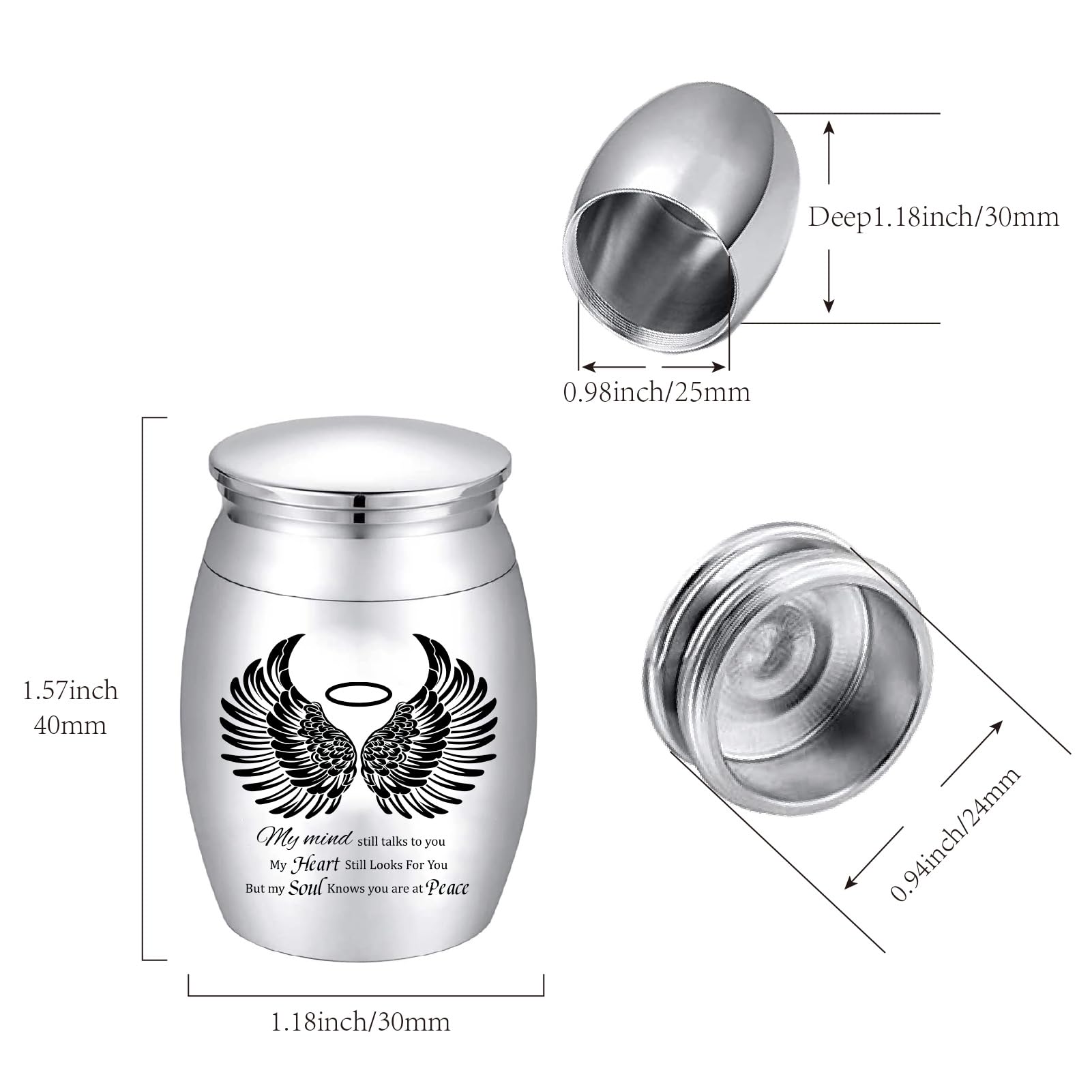 CREATCABIN Small Keepsake Urns Mini Cremation Urn for Human Ashes Alloy Sharing Funeral Urn Memorials Ashes Holder Miniature Container Black Angel Wings for Family Friend Pet 1.6x1.2Inch-Silvery - Image 2