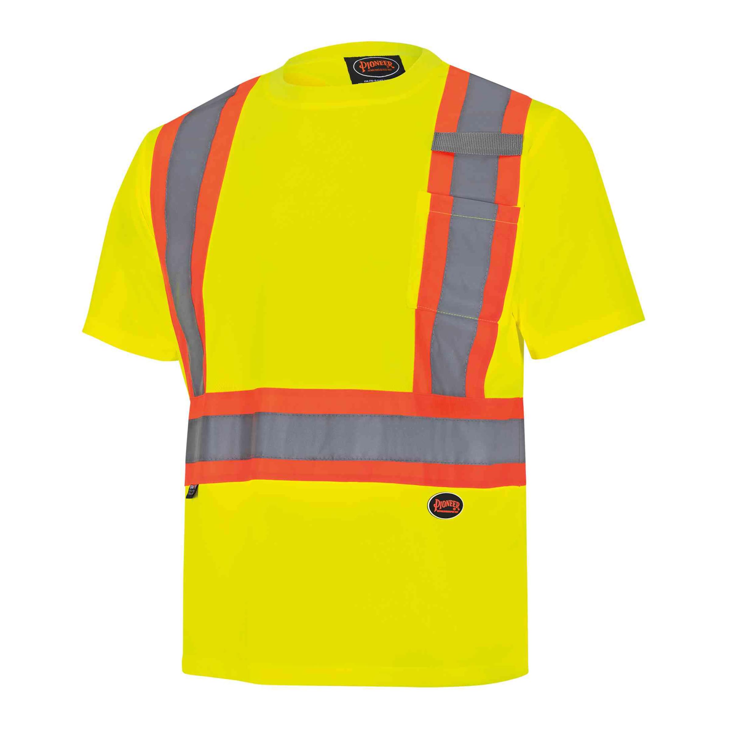 Pioneer High Visibility, Lightweight, Breathable Birdseye Short Sleeved Crew Neck Safety Shirt with Chest Pocket, Hook and Loop Closure, Reflective
