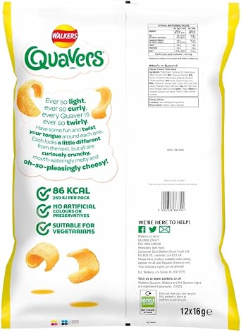 Walkers Quavers Cheese Multipack Snacks Crisps 12x16g