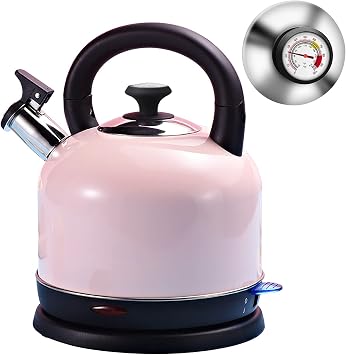 Electric Kettle Temperature Dash, YiiMO 2L Stainless Steel Hot Water Boiler with Thermometer for Tea Coffee 1200W, Auto Shut-Off Boil-Dry Protection BPA Free, Large Pink Retro Cute