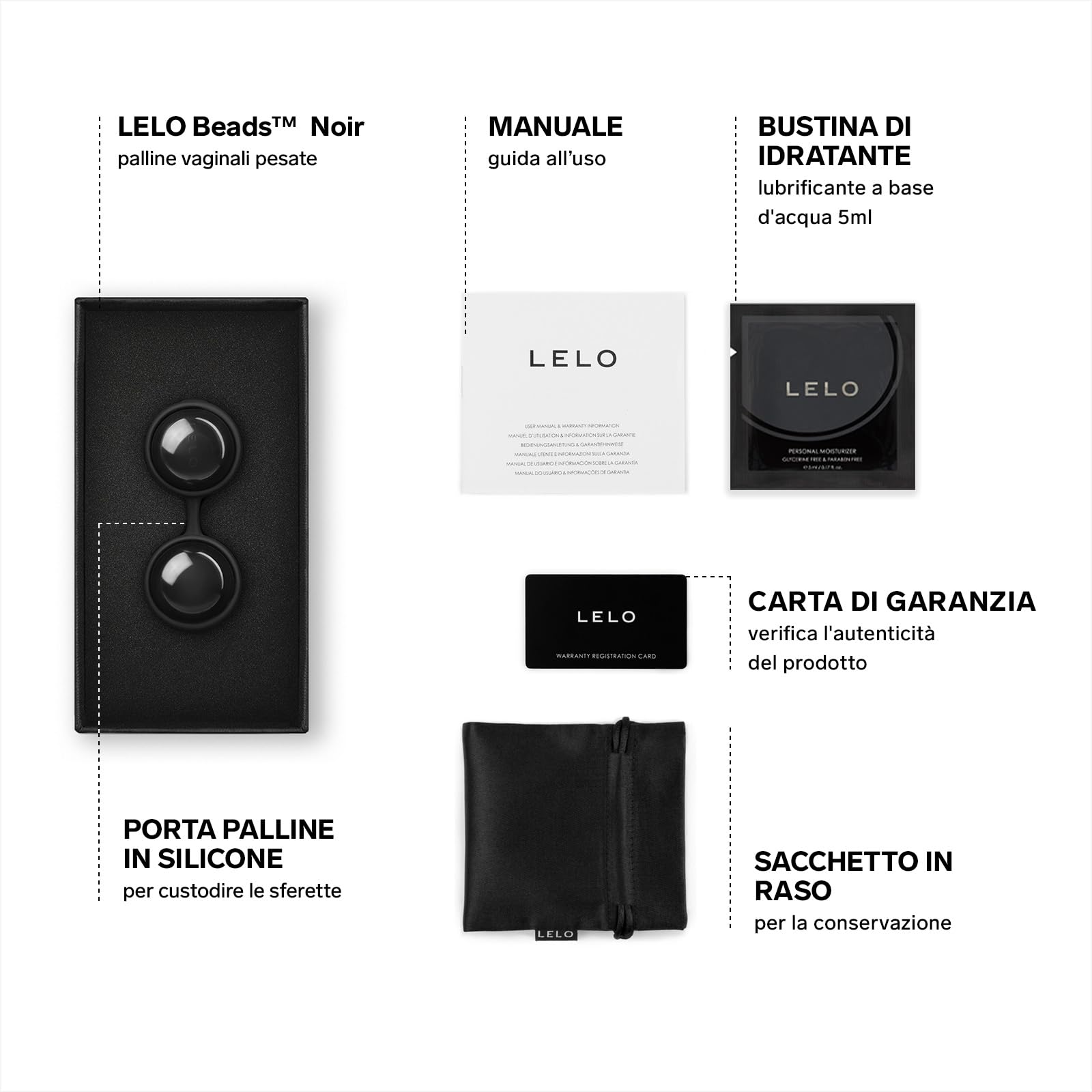 LELO Beads Noir Edizione premium di palline vaginali in silicone per esercizi di Kegel, Eleganti Kegel ball donna