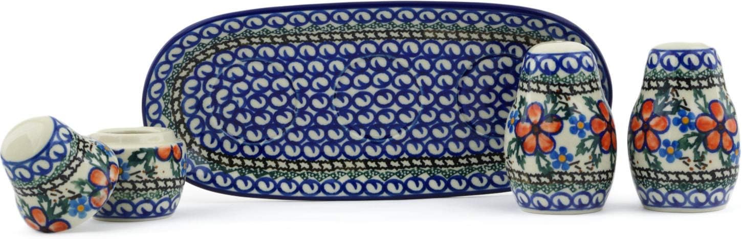 Polmedia Polish Pottery Salt and Pepper with Toothpick Holder - Lancaster Rose Pattern Handmade in Boleslawiec Poland by Ceramika Artystyczna + Certificate of Authenticity