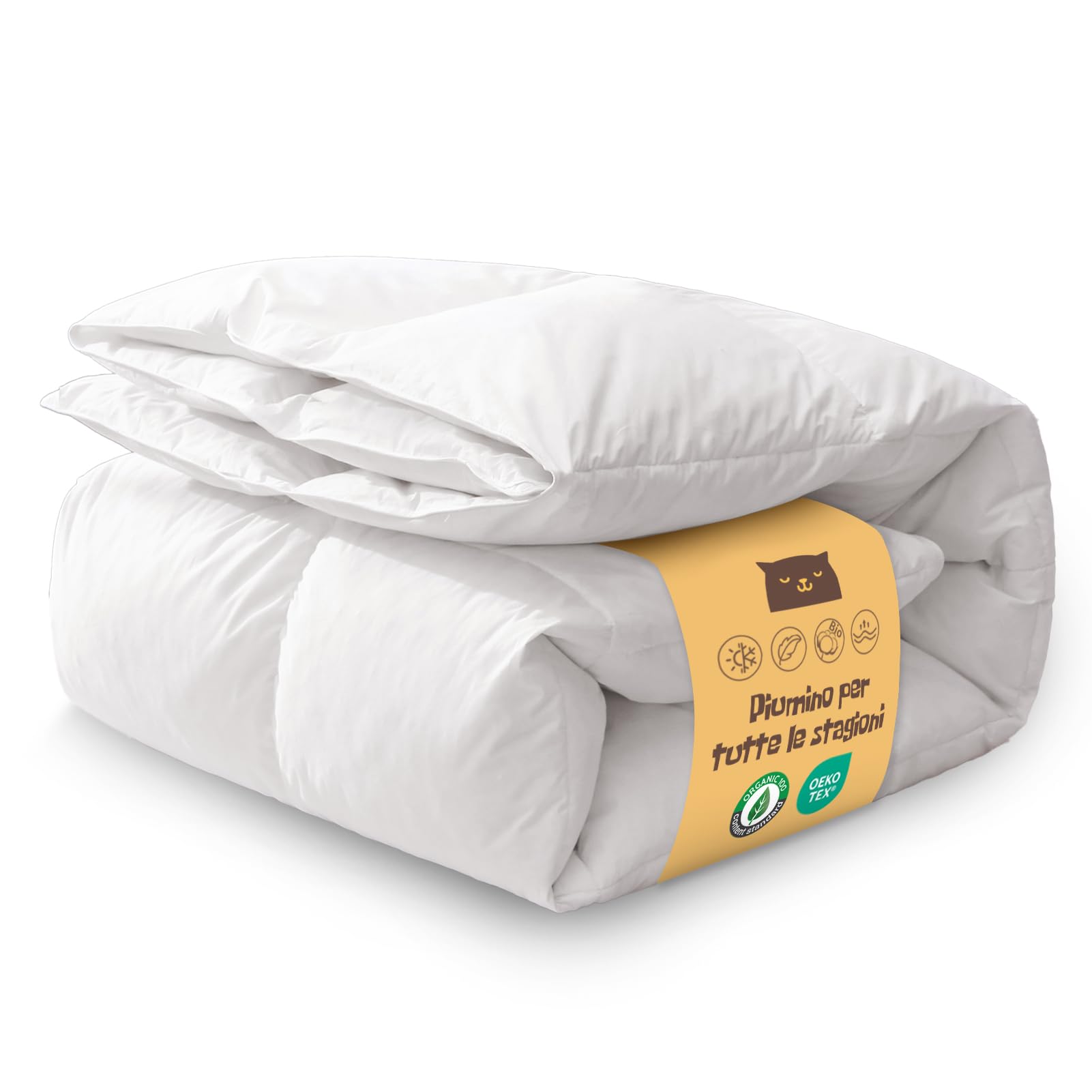 Oaken-Cat Piumino con Piume Singolo Tutto l'anno, Bianca Trapunta Coperta, Federa 100% Cotone Oeko-Tex e RDS, Traspirante e Facile da Curare 155 × 220 cm