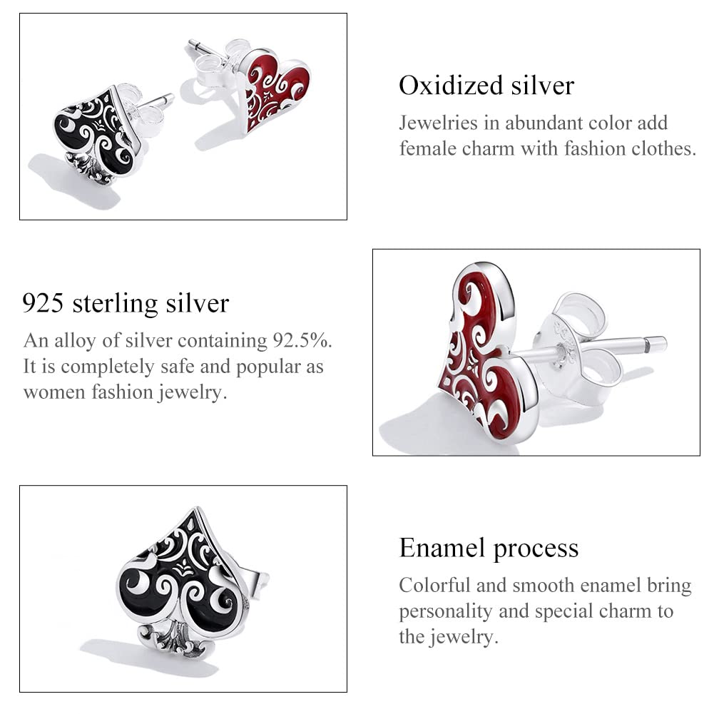 YCTTKDD 925 Sterling Silber Stil Poker Ohrstecker Vintage Muster Rot Schwarz Herz Ohrstecker für Frauen Party Schmuck Victoria