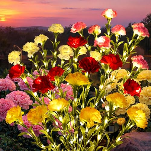 GIGALUMI 4 Pack Solar 28 Carnations Flowers Outdoor 2 Modes Multicolored