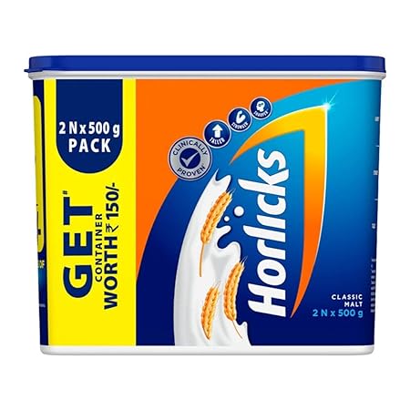 Horlicks Health & Nutrition Drink 500 g (Combo Pack of 2), For immunity and 5 signs of growth - With Free Container Offer (Classic Malt)