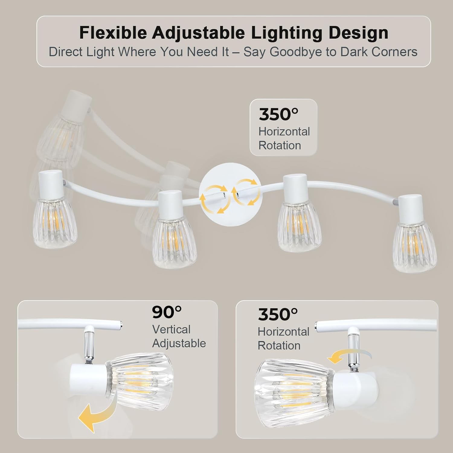 HiBay 4-Light Track Lighting White, Adjustable Modern Ceiling Light Fixture w/Glass Shades, Flush Mount Ceiling Wall Spotlight Indoor for Bathroom, Kitchen, Living Room, E12 Base, No Bulbs