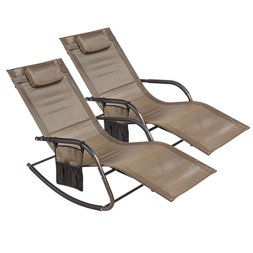 Wostore Rocking Lounger Patio Chaise Sunbathing Chair with Recliner Movable Sleep Bed Included Pillow and Breathable Texteline Farbic-Brown 2 Pack