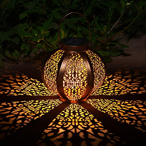 Ulmisfee Solar Big Lantern Outdoor Solar Hanging Lanterns Solar Garden Lights Patio Decor Metal Yard Art Garden Accessories Outdoor Decorations for Porch (Solar Lantern A)