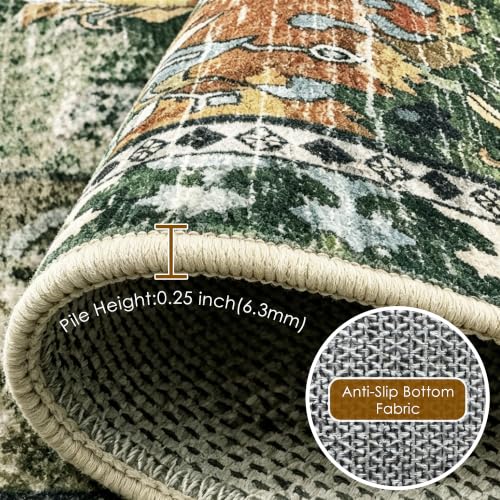 Image of RUGSURE Washable Area Rugs - Perfect for Living Room, Bedroom, Kids Room, Nursery - Stain & Water Resistant Non-Slip, Pet & Child Friendly, Vintage Tribal Area Rugs (Green, 5' x 7')