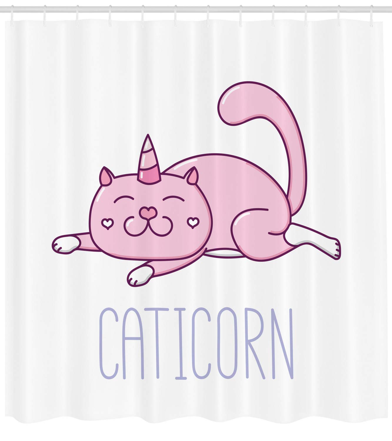ABAKUHAUS Unicorn Cat Shower Curtain, Pink Cat a Horn and Funny Expression Lying Caticorn Cartoon Mascot - Image 2