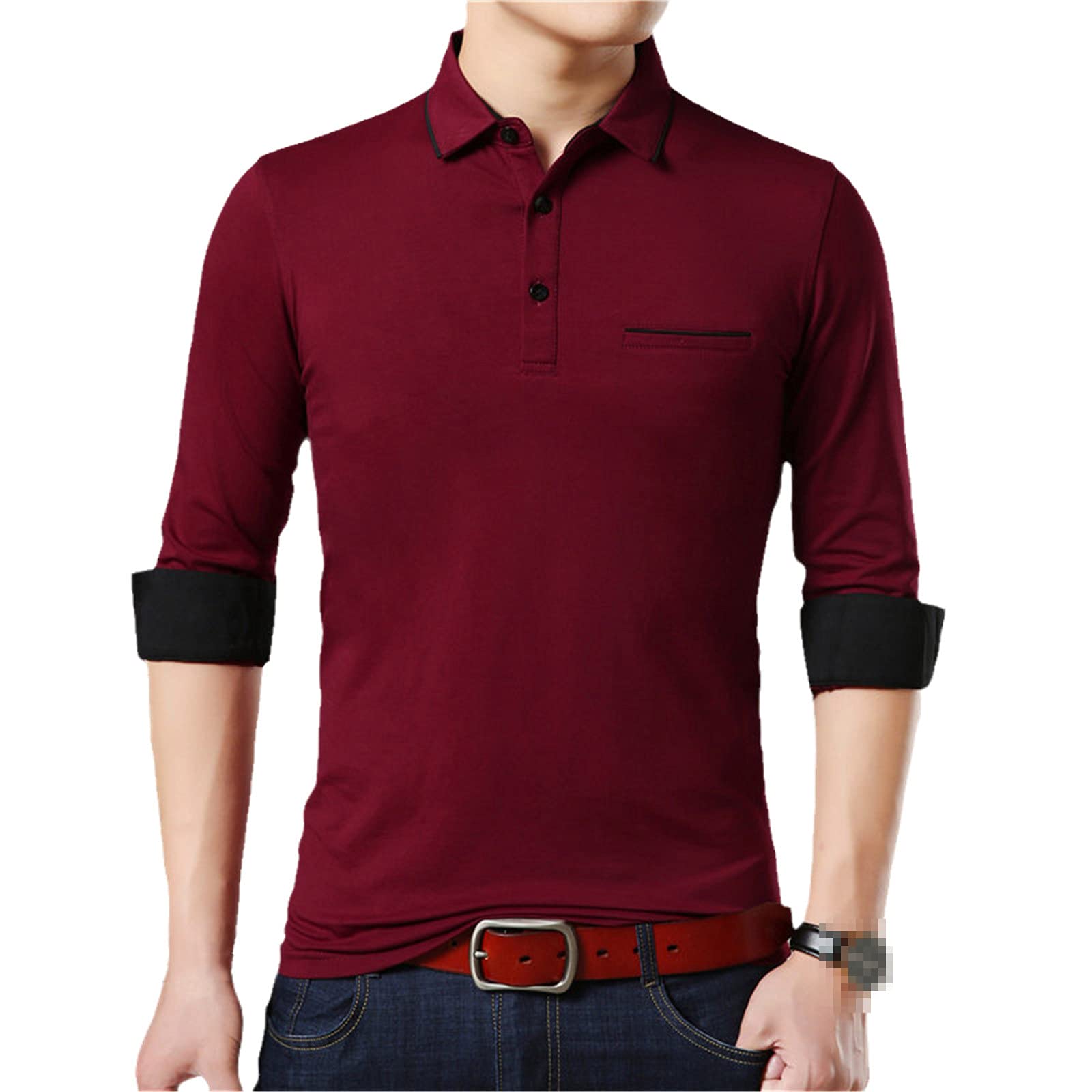 Langärmeliges T-Shirt für Herren, Business, Freizeit, mit Umlegekragen, aus weicher Baumwolle, rot, M