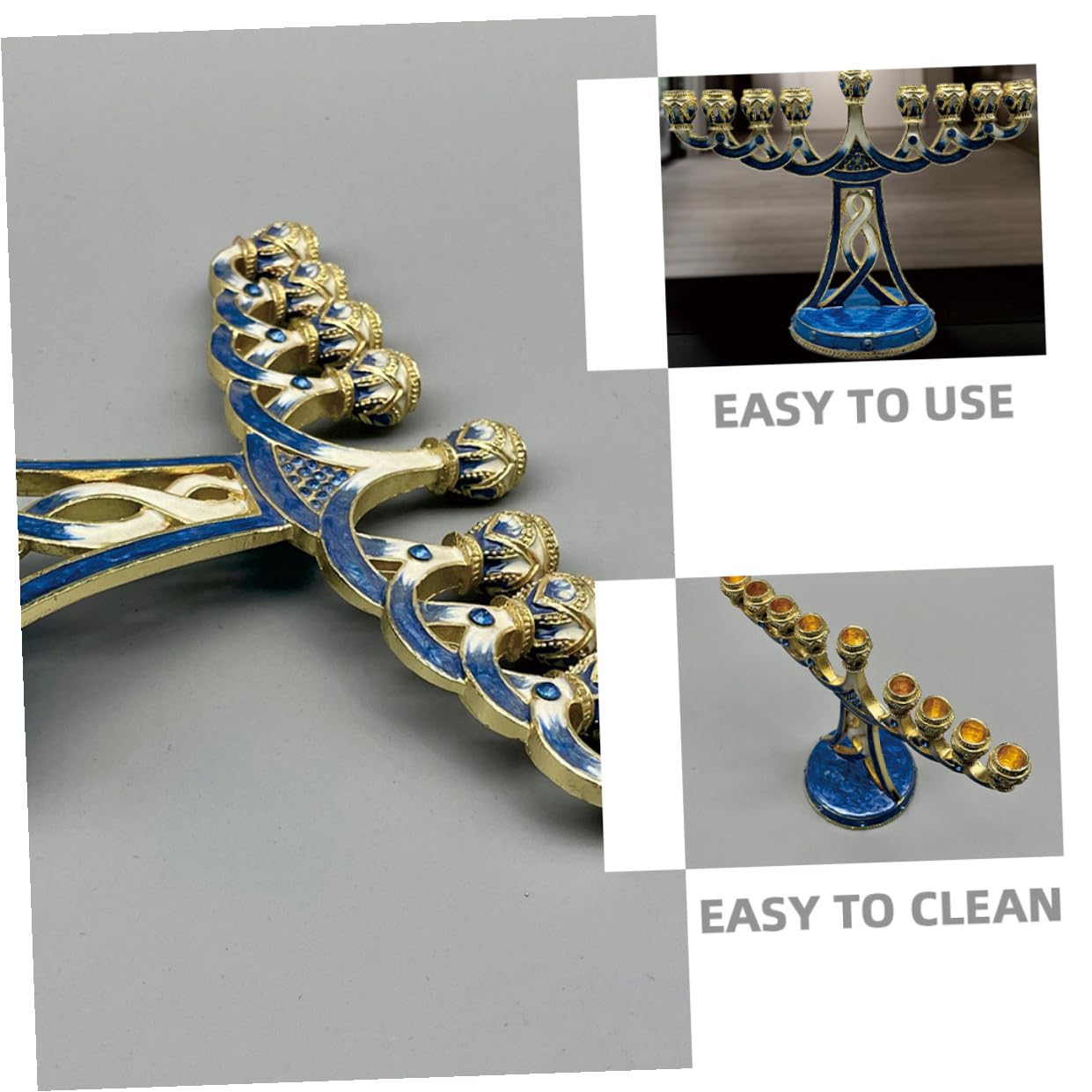 Candeliere Ebraico per Cerimonie Religiose in Metallo Blu, Design Vintage 9 Braccia Stabile e Robusto, per Camera da Letto o Festa