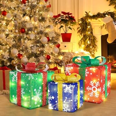 Set of 3 Christmas Lighted Gift Boxes 60 LED Lighted Christmas Snowflake Presents Boxes Decorations with Bows for Christmas Tree Party Yard Holiday Indoor Outdoor Decoration