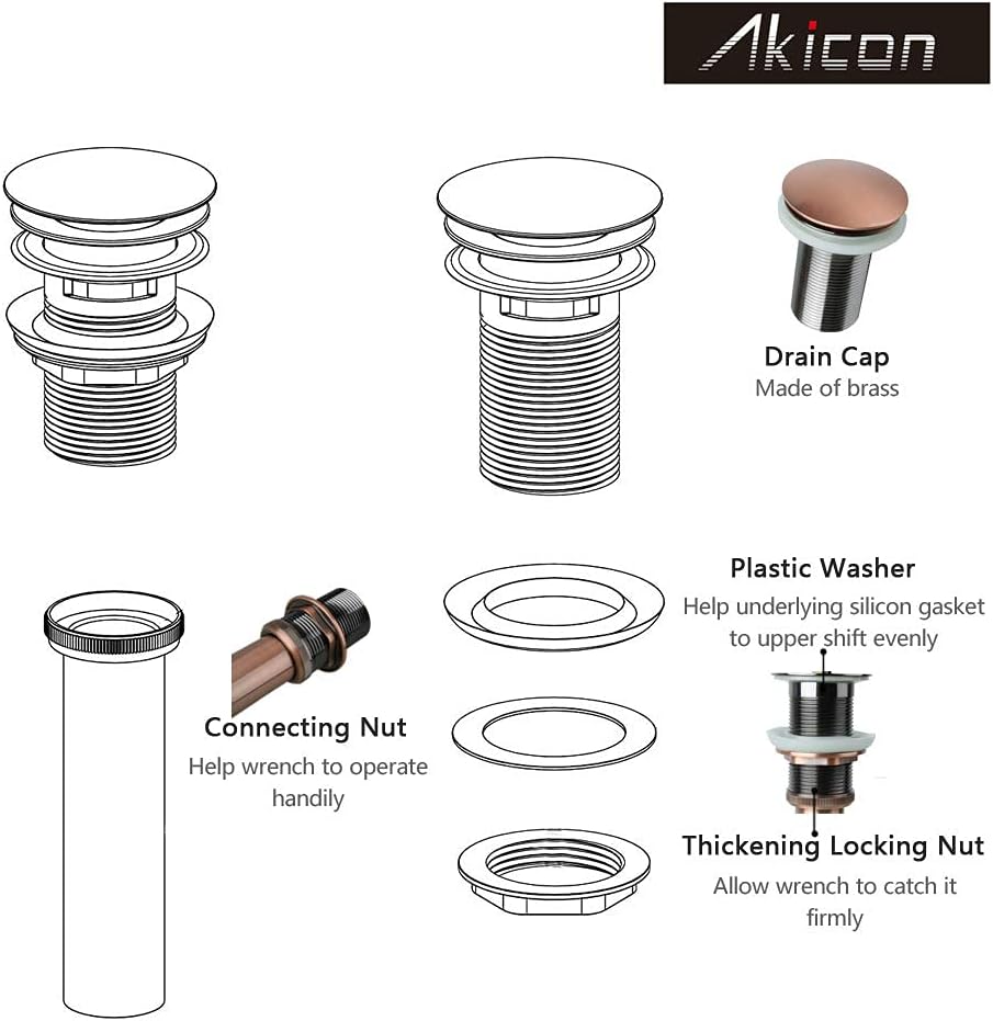 Akicon Copper Push Button Bathroom Sink Drain Stop & Pop Lavatory Stopper Without Overflow Bathroom Basin