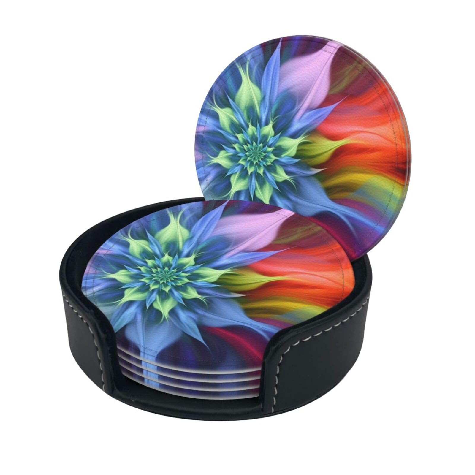 Stylish Coasters - Abstract Floral Set of 6 Round Leather Drink Coasters with Holder - Perfect Size for Cups and Glasses
