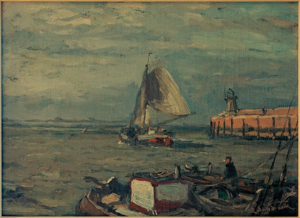 Tableau taupe avec phare Leonhard Sandrock impression d'art vintage 60x90cm
