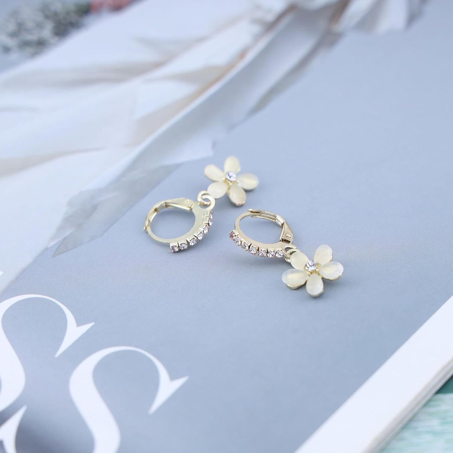 Boho Flower Gemstone Hoop Earrings Cat Eye Stone Flwoer Dangle Earrings Crystal Flower Drop Earrings Gold Cz Floral Earrings Flower Earrings Jewelry for Women - Image 5