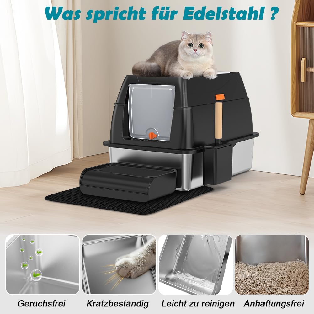 Katzenklo Edelstahl XL, Groß Edelstahl Katzentoilette mit Deckel, Stainless Steel Cat Litter Box, Geschlossen Katzen Klo, Zwei Ausgänge, Schaufel+Matte+Trettstufe- 60x 40x 39,5cm(Schwarz)