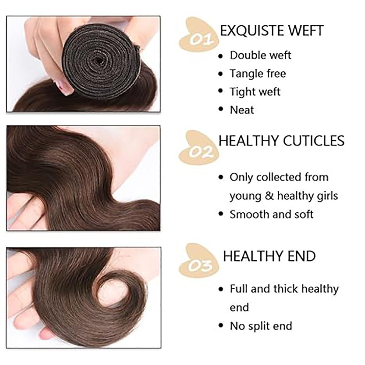 Hxxcoup Human Hair Bundles 3 Bundles Body Wave Extensions Brown Colour Unprocessed Brazilian Remy Grade 8A Doubles Weft for Woman 22 24 26 Inch - Image 3