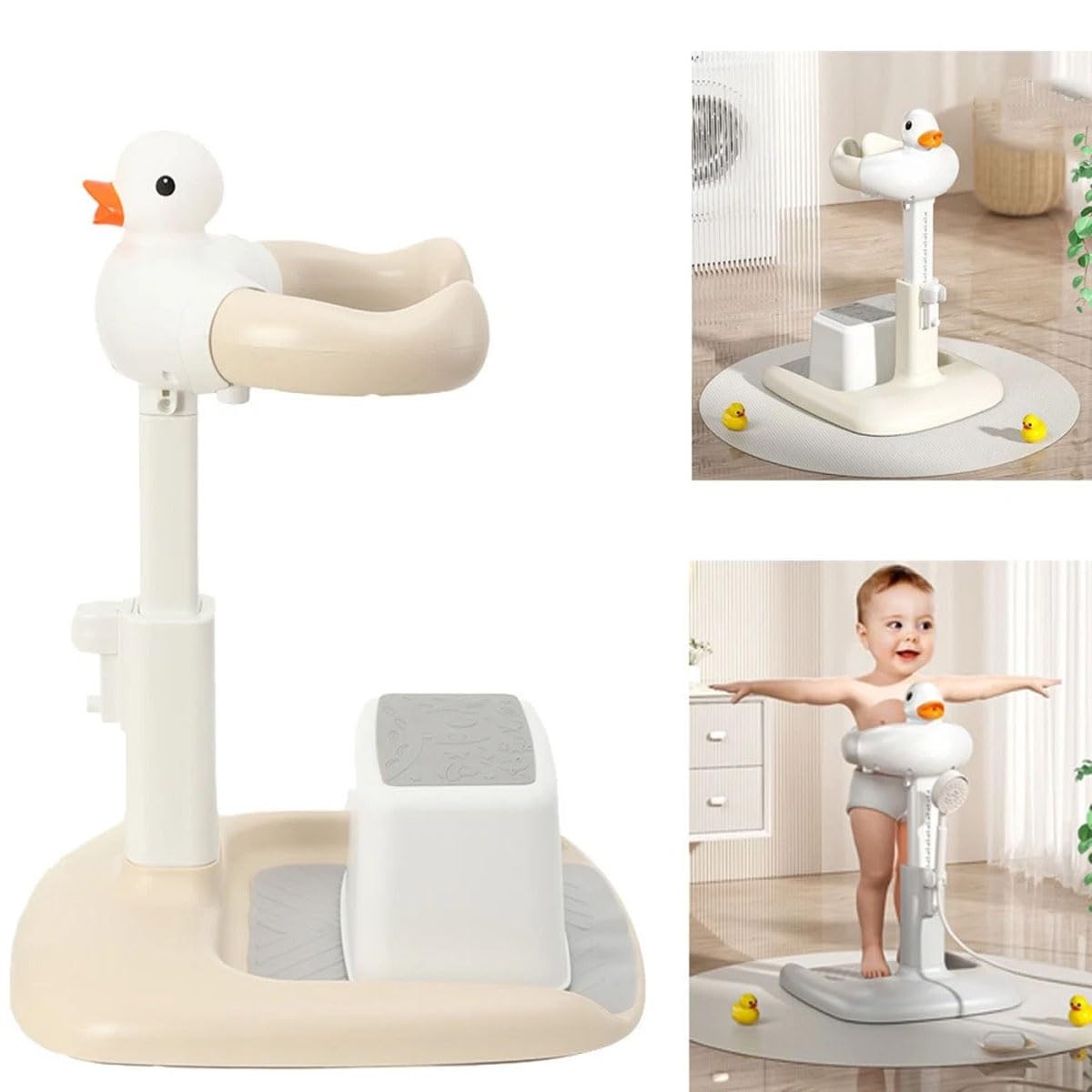Baby Dusche Ständer, Einstellbarer Badewannenständer mit Duschsitz & AntiRutsch-Basis, Tragbarer Baby Badewanne Stand für das Lauftraining, Baby Duschhilfe für 6–36 Monate