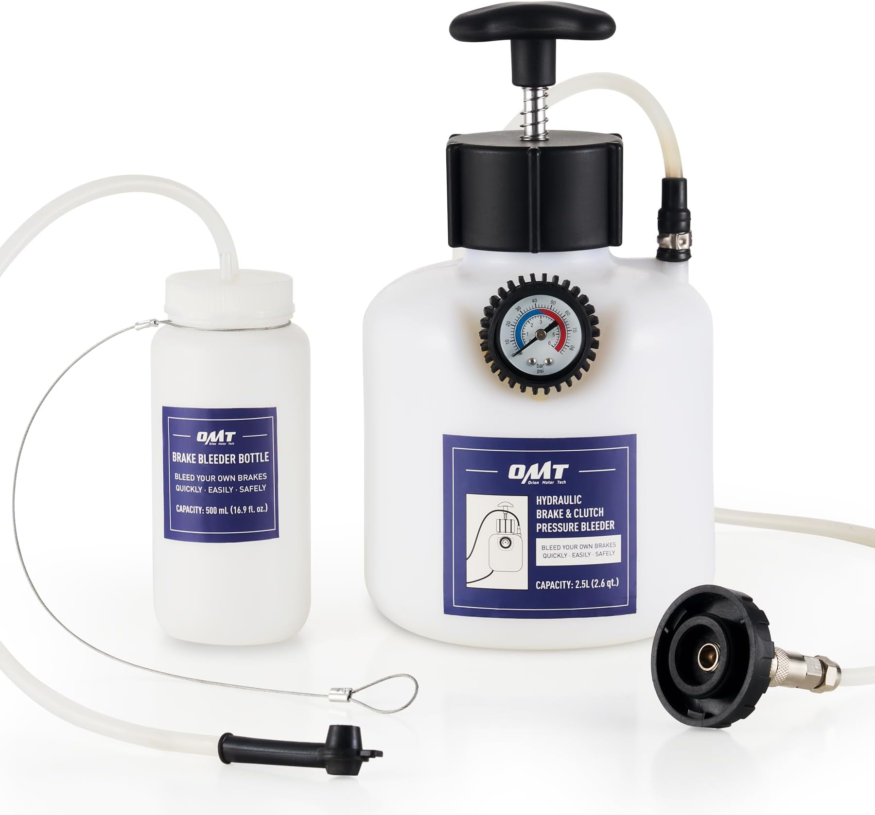 Orion Motor Tech Pressure Bleeder, 2.5L Brake Pressure Bleeder with 50.7mm Adapter, 2.6qt Manual Power Brake Bleeder with 500mL Brake Bleeder Bottle Compatible with Ford Subaru Nissan Infinity