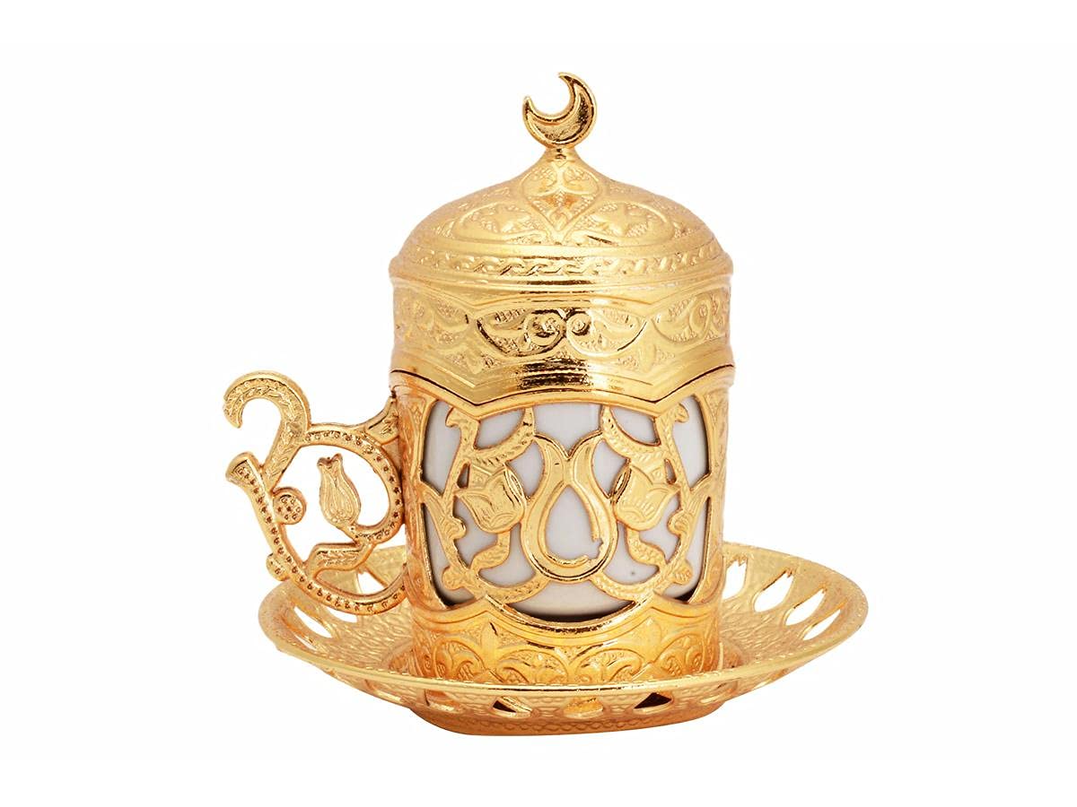 Turkish Greek Arabic Coffee Serving Cup Saucer Set 6 cups porcelain cup, Set will be a nice gift for others (Gold)
