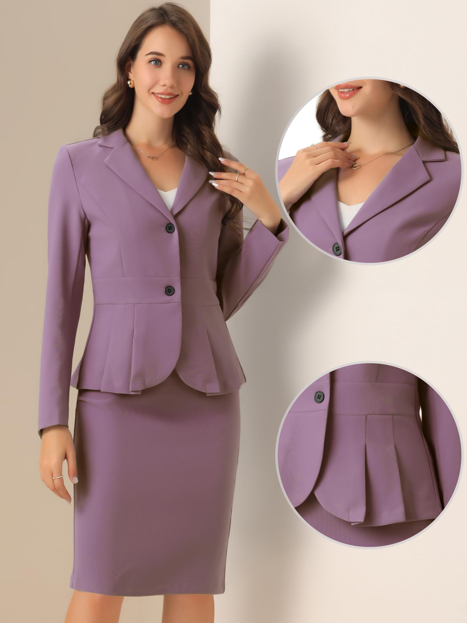 Allegra K Skirt Suit Sets for Women's 2 Piece Formal Office Notched Lapel Peplum Jacket Blazer Pencil Skirts Set